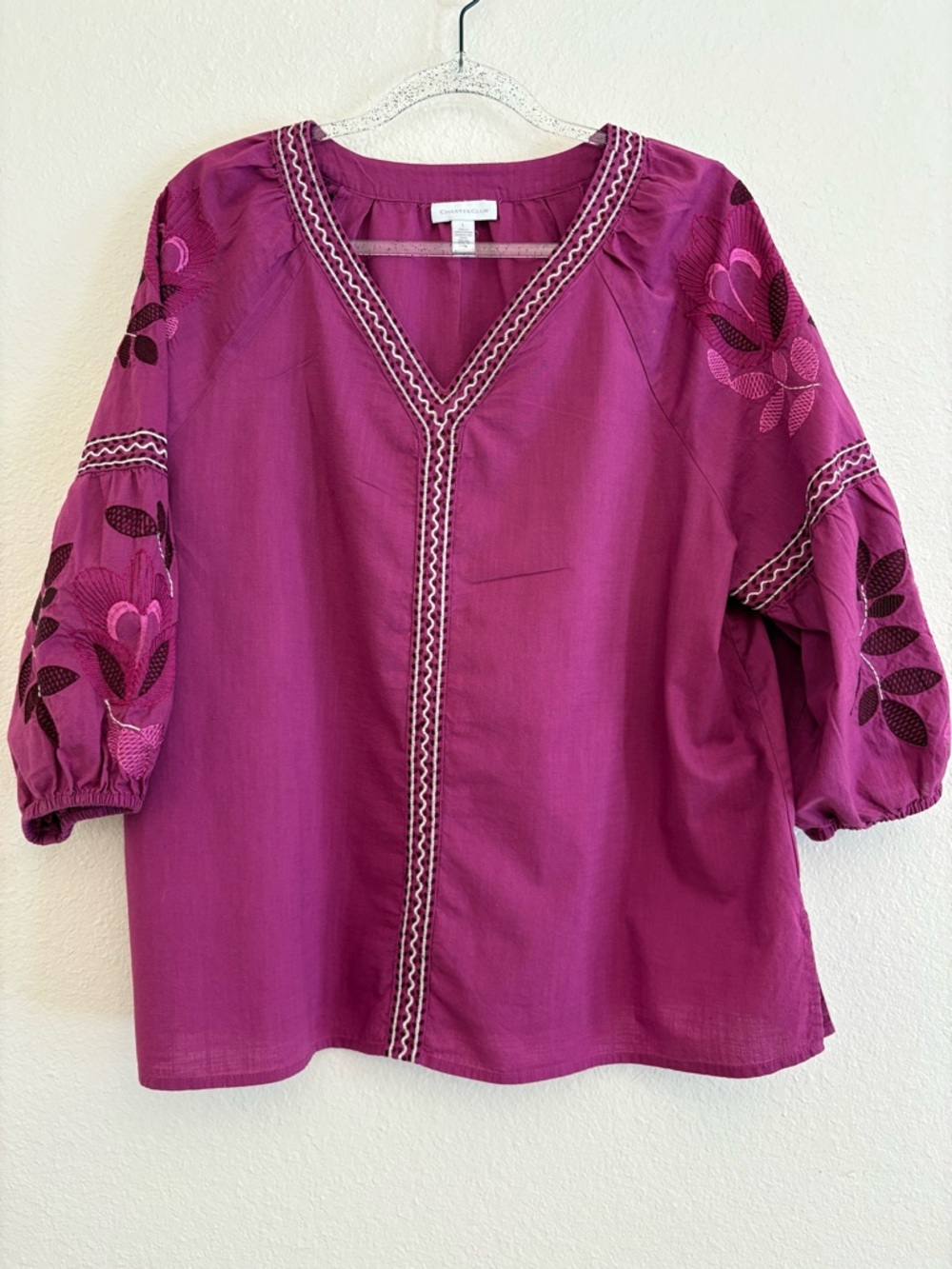 Charter Club Magenta Embroidered Peasant Blouse 100% Cotton